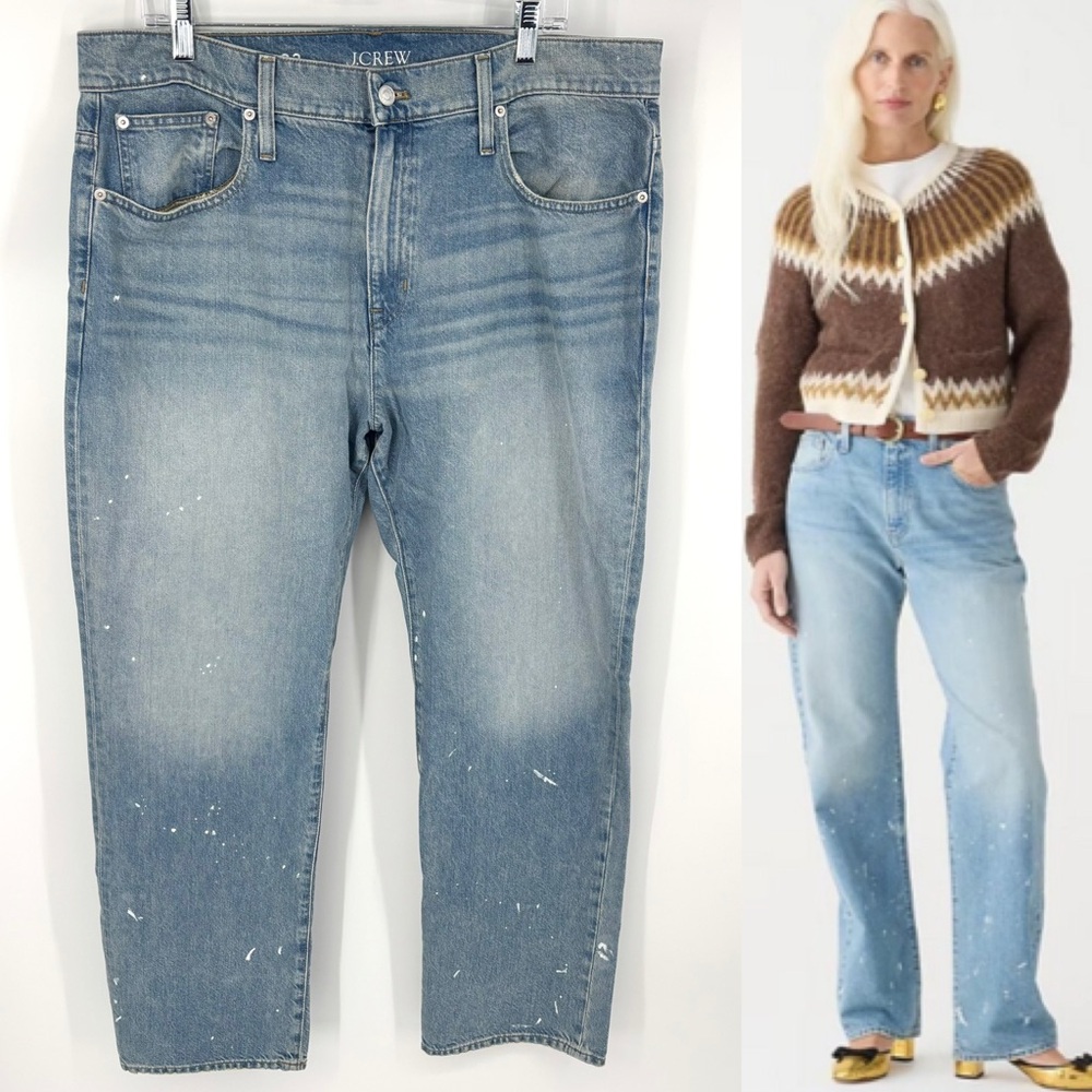 J CREW Mid Rise Slouchy Straight Jeans with Paint Splatter Ice Blue Wash Size 33